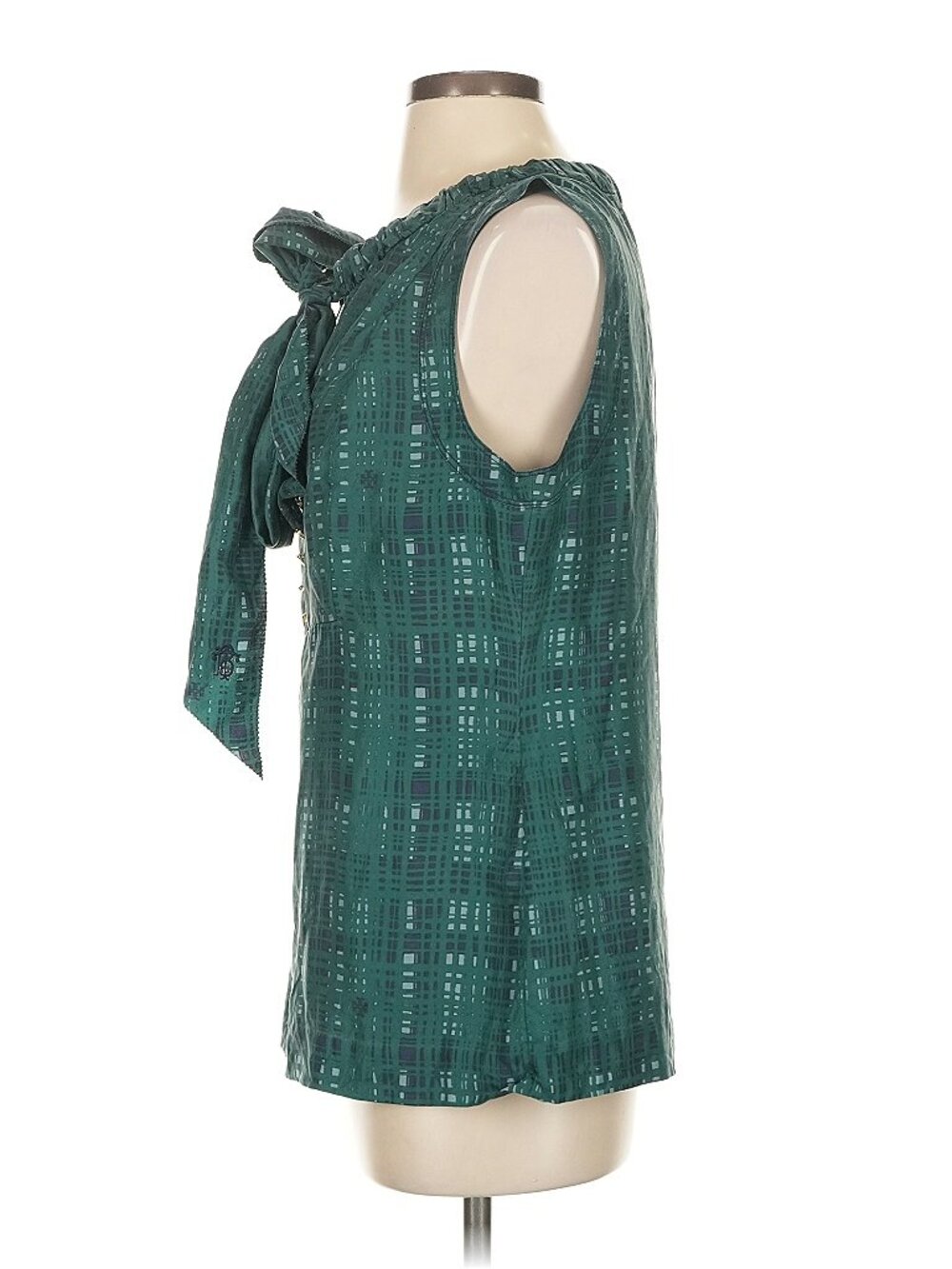 TORY BURCH 100% silk blouse top green teal sleeveless tie neck SIZE 8 - Picture 8 of 12
